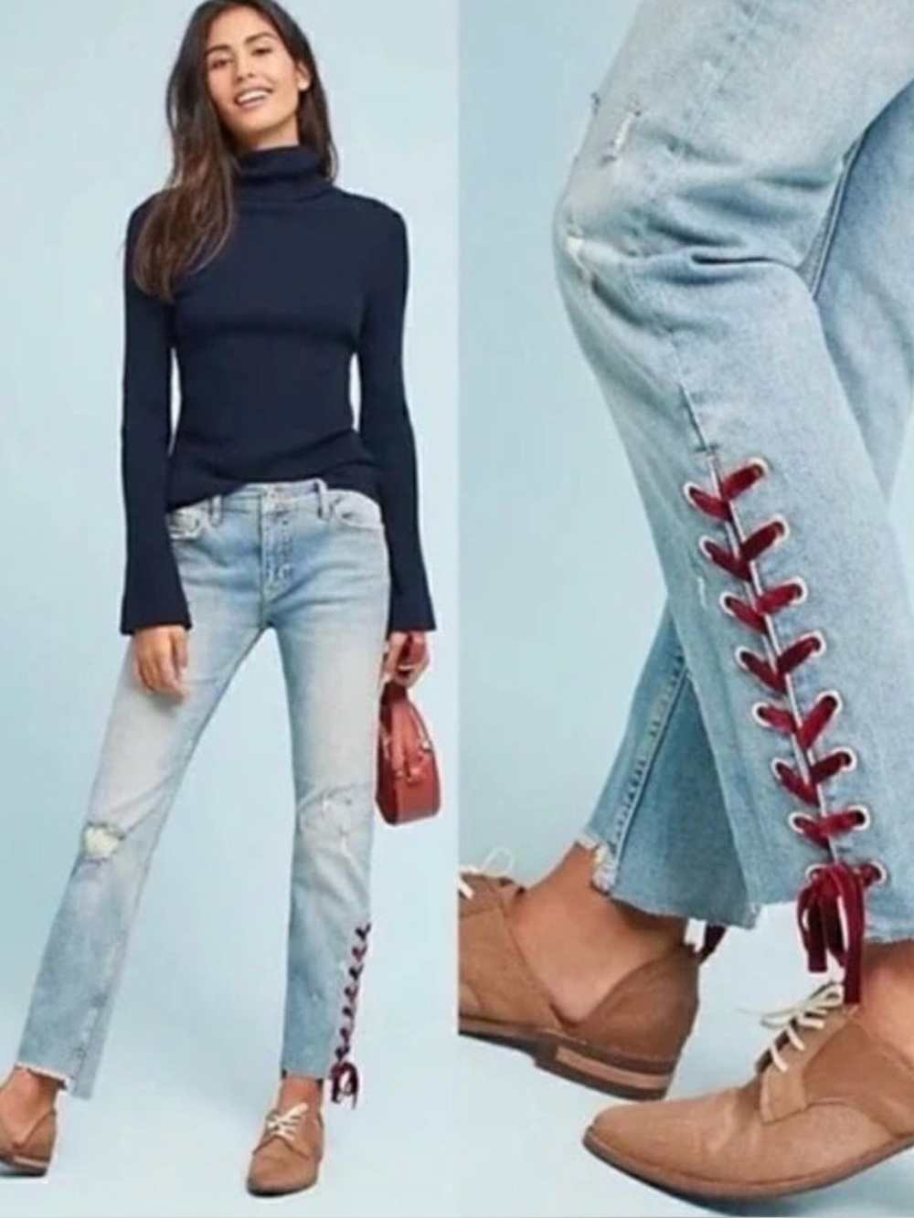 Anthropologie light wash Pilcro slim straight jeans with lace up detail size 29